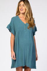 Teal Linen Fringe Trim Babydoll Maternity Dress