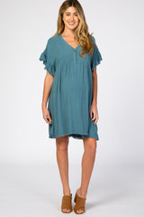 Teal Linen Fringe Trim Babydoll Maternity Dress