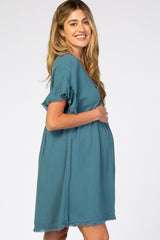 Teal Linen Fringe Trim Babydoll Maternity Dress