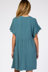 Teal Linen Fringe Trim Babydoll Maternity Dress