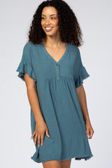 Teal Linen Fringe Trim Babydoll Dress