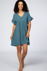 Teal Linen Fringe Trim Babydoll Dress