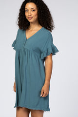 Teal Linen Fringe Trim Babydoll Dress