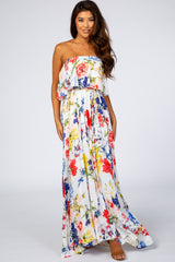 Ivory Floral Strapless Maxi Dress