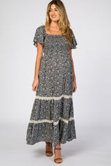 Black Floral Square Neck Smocked Front Lace Trim Maternity Maxi Dress