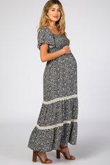 Black Floral Square Neck Smocked Front Lace Trim Maternity Maxi Dress