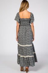 Black Floral Square Neck Smocked Front Lace Trim Maternity Maxi Dress