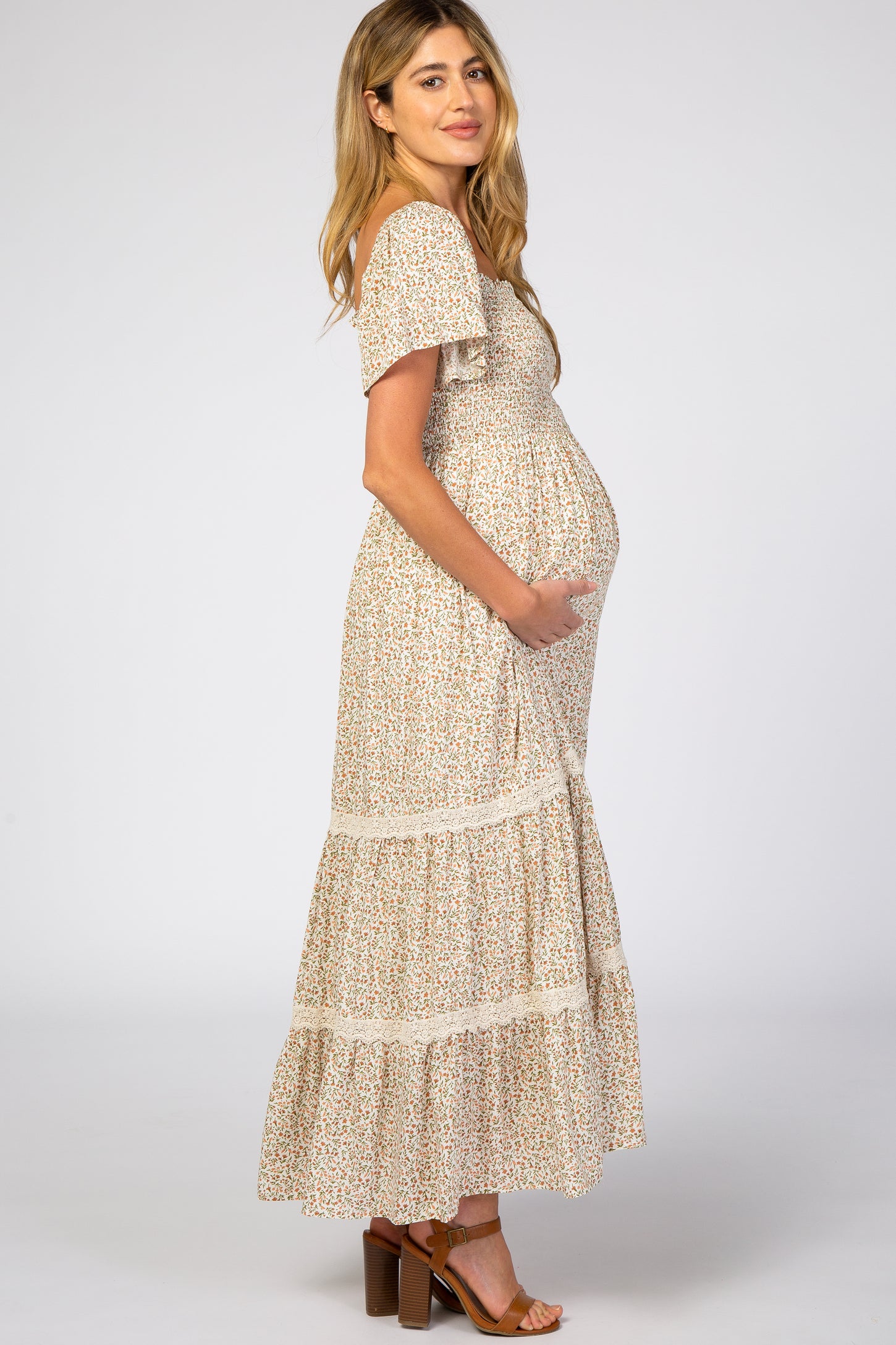 Ivory Floral Square Neck Smocked Front Lace Trim Maternity Maxi Dress
