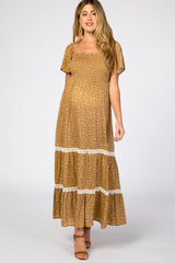 Gold Floral Square Neck Smocked Front Lace Trim Maternity Maxi Dress