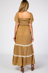 Gold Floral Square Neck Smocked Front Lace Trim Maternity Maxi Dress