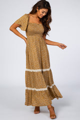 Gold Floral Square Neck Smocked Front Lace Trim Maxi Dress