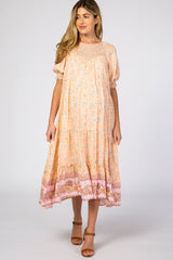 Peach Floral Smocked Front Bubble Sleeve Maternity Midi Dress