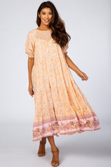 Peach Floral Smocked Front Bubble Sleeve Maternity Midi Dress