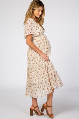 Ivory Floral Chiffon Smocked Front Lace Trim Maternity Midi Dress