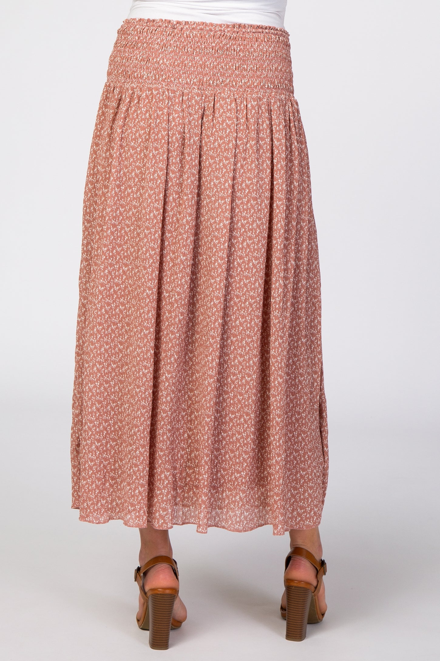 Mauve Floral Chiffon Smocked Elastic Waist Maternity Midi Skirt