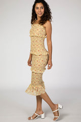 Yellow Floral Chiffon Smocked Fitted Midi Dress