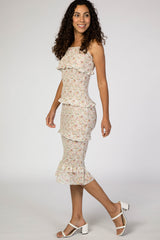 Ivory Floral Chiffon Smocked Fitted Midi Dress