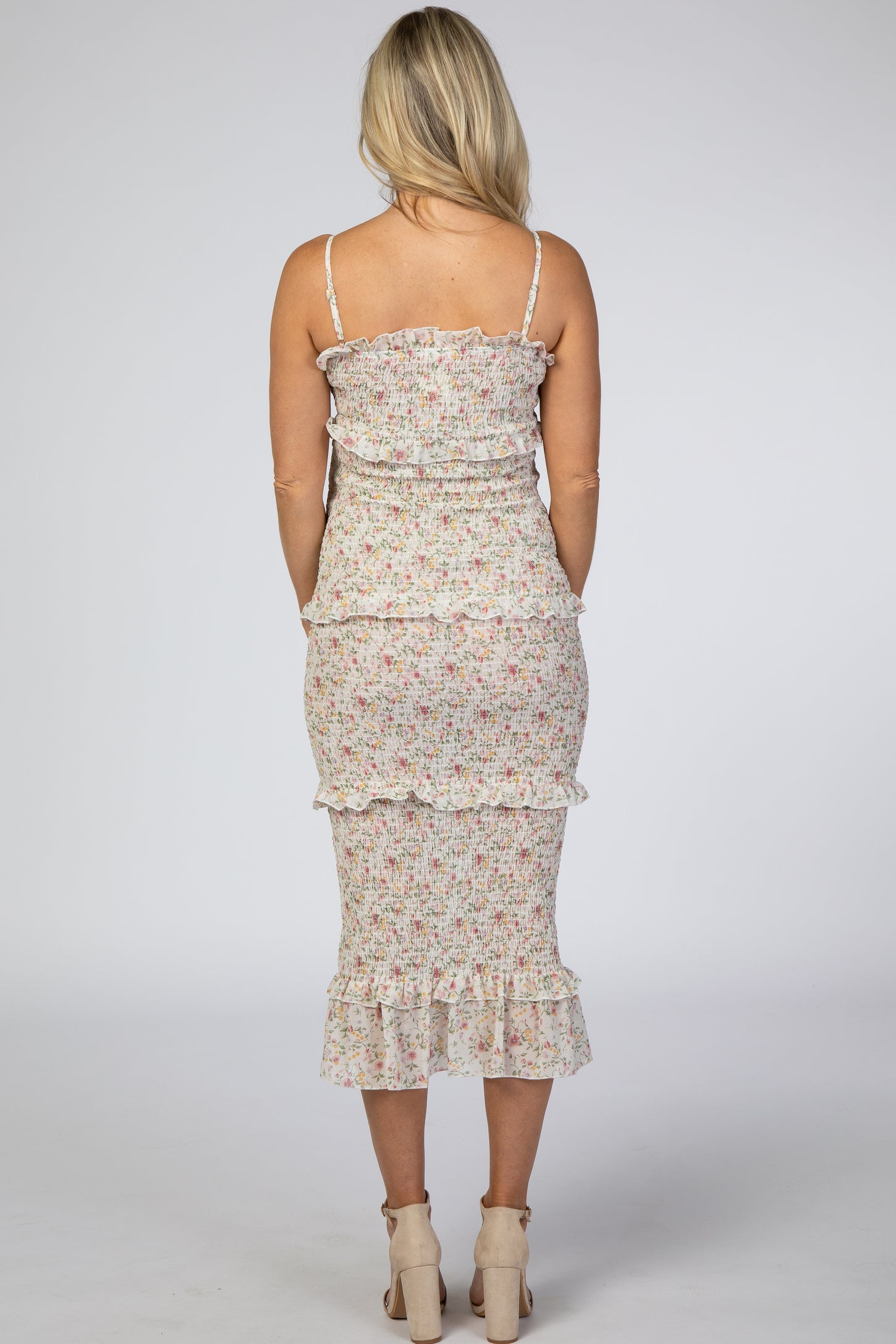 Ivory Floral Chiffon Smocked Fitted Maternity Midi Dress