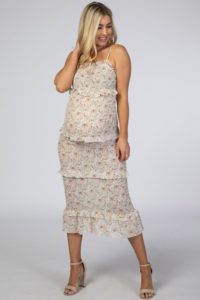 Ivory Floral Chiffon Smocked Fitted Maternity Midi Dress