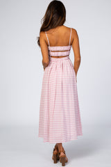 Pink Gingham Cutout Midi Dress