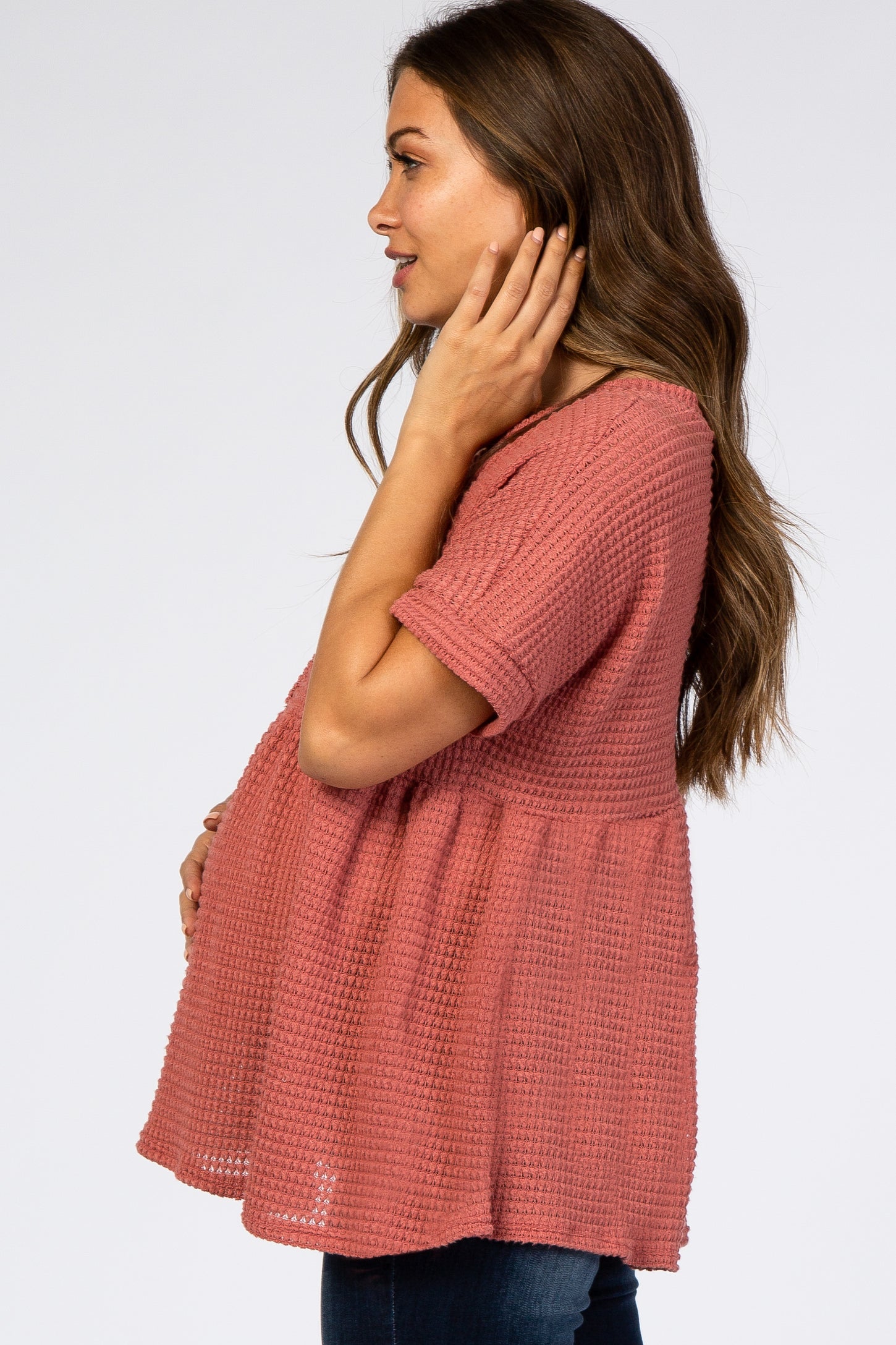 Rust Open Knit Button Front Babydoll Maternity Top