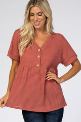 Rust Open Knit Button Front Babydoll Top