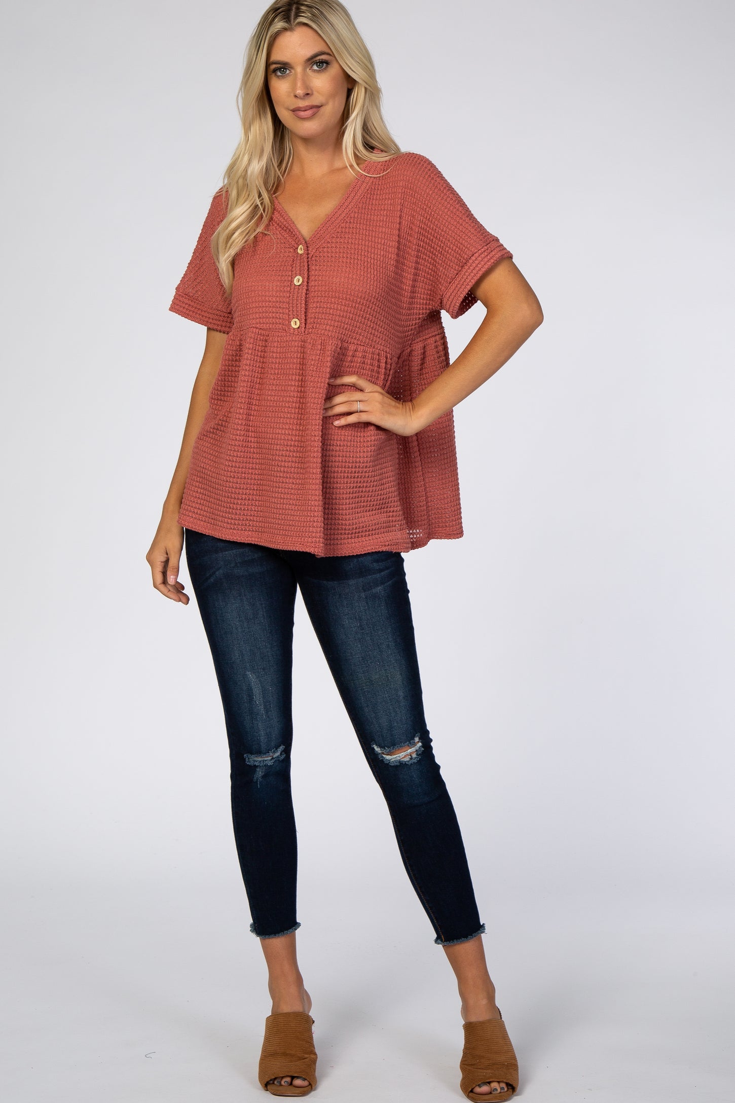 Rust Open Knit Button Front Babydoll Top