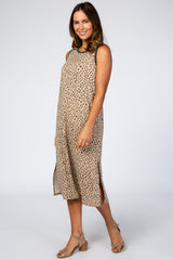 Taupe Leopard Print Sleeveless Side Slit Midi Dress