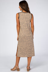 Taupe Leopard Print Sleeveless Side Slit Midi Dress