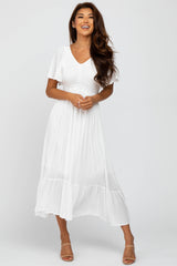 Ivory Smocked V-Neck Maternity Midi Dress