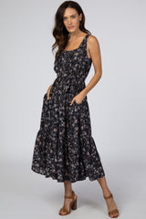 Navy Floral Square Neck Button Front Midi Dress