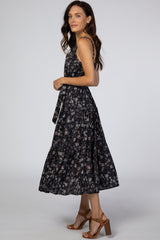 Navy Floral Square Neck Button Front Midi Dress