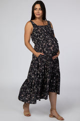 Navy Floral Square Neck Button Front Maternity Midi Dress