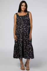 Navy Floral Square Neck Button Front Maternity Midi Dress