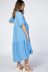 Light Blue Tiered Bubble Short Sleeve Maternity Midi Dress