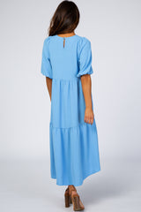 Light Blue Tiered Bubble Short Sleeve Midi Dress