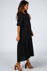 Black Tiered Bubble Short Sleeve Midi Dress