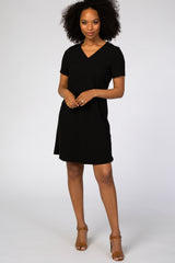 Black Ribbed V-Neck Short Sleeve Dress