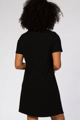 Black Ribbed V-Neck Short Sleeve Dress
