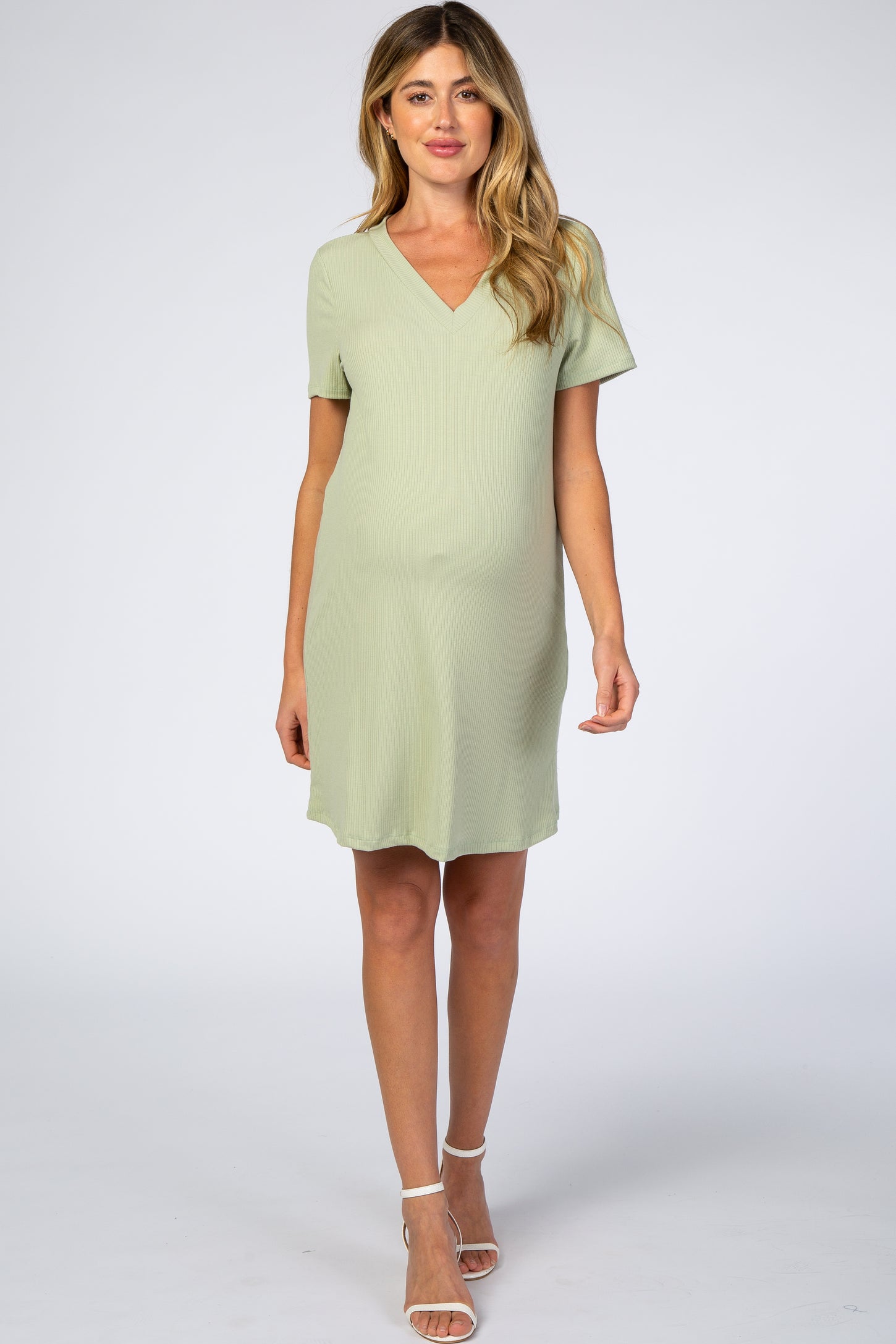 Mint Green Ribbed V-Neck Short Sleeve Maternity Dress