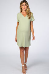 Mint Green Ribbed V-Neck Short Sleeve Maternity Dress