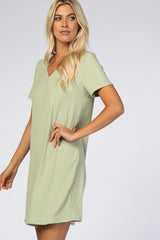 Mint Green Ribbed V-Neck Short Sleeve Dress