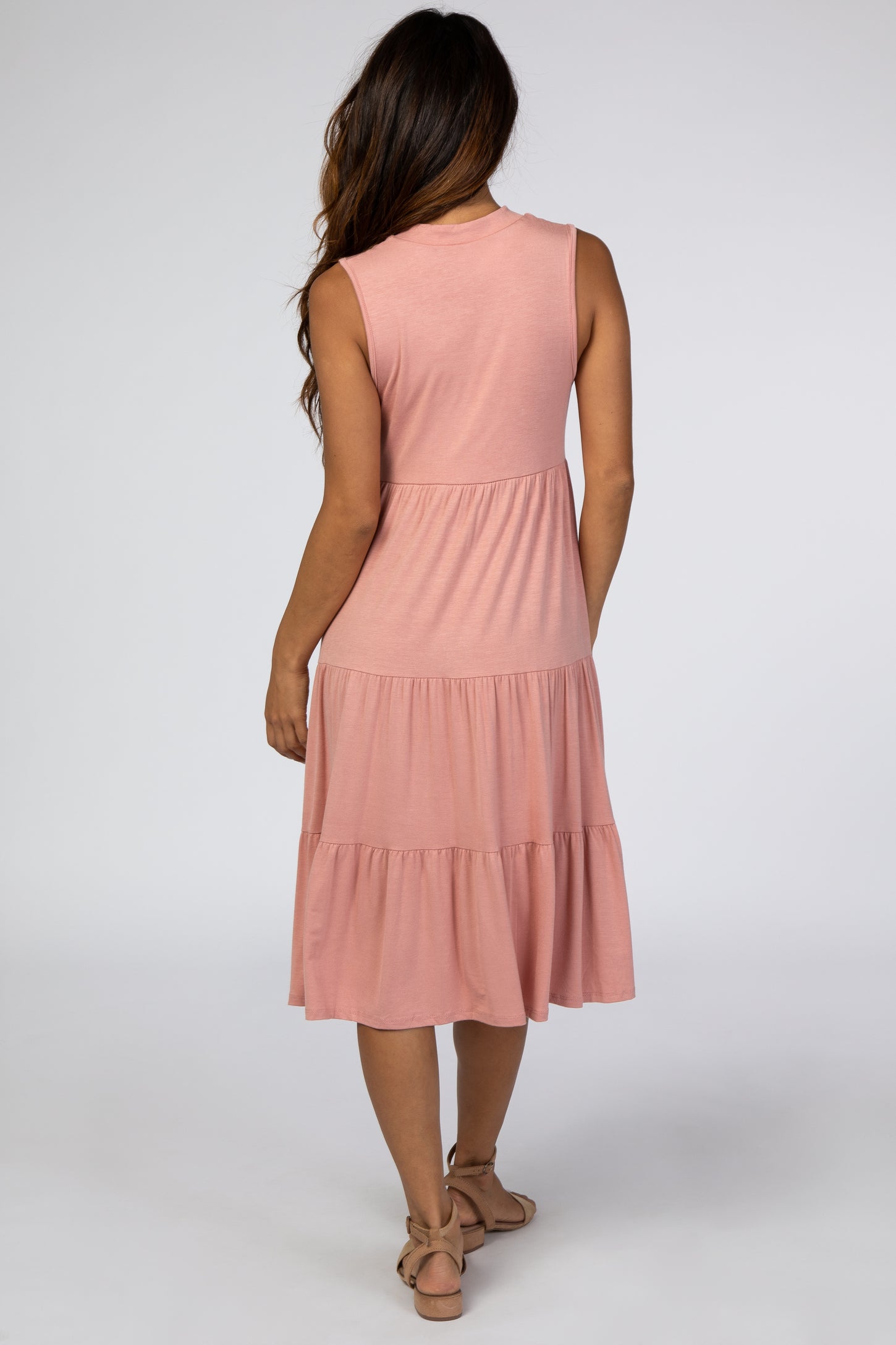 Pink Split Neck Tiered Midi Dress