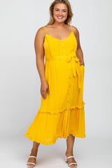 Yellow Front Button Ruffle Tiered Hem Maternity Plus Midi Dress