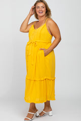 Yellow Front Button Ruffle Tiered Hem Maternity Plus Midi Dress