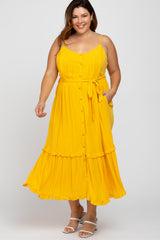 Yellow Front Button Ruffle Tiered Hem Maternity Plus Midi Dress