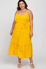 Yellow Front Button Ruffle Tiered Hem Plus Midi Dress