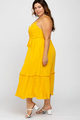 Yellow Front Button Ruffle Tiered Hem Plus Midi Dress