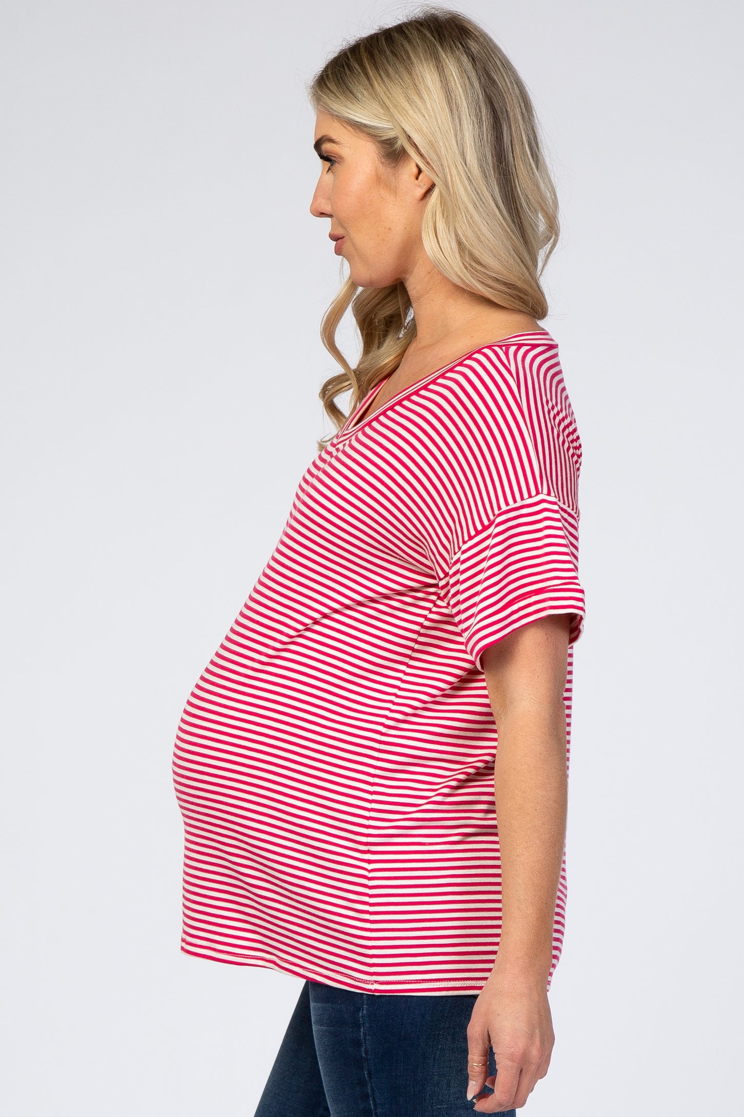 Fuchsia Striped V-Neck Maternity Top