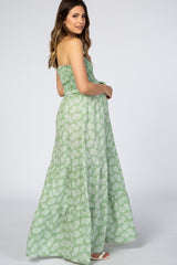Light Green Palm Print Tiered Maternity Maxi Dress